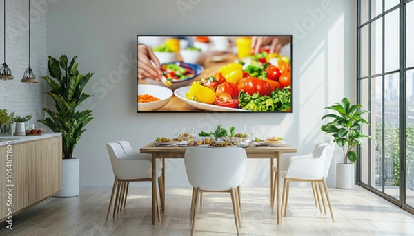 Fototapeta Modern dining room showing cooking show on television