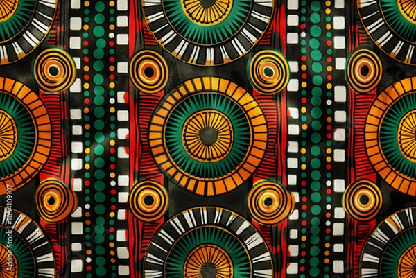 Fototapeta African print pattern with tribal circular designs in red, green, and yellow colors
