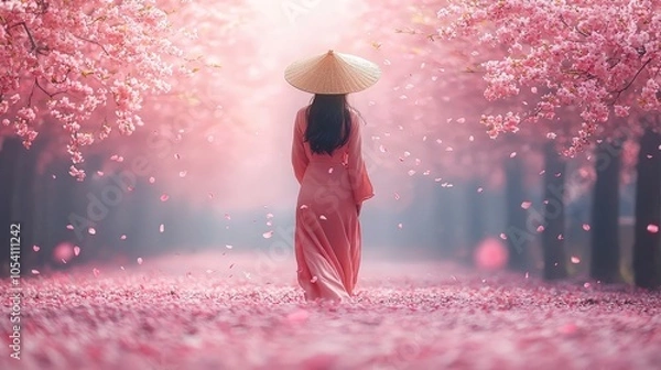 Fototapeta A serene scene of a woman in a pink dress walking through a cherry blossom pathway.