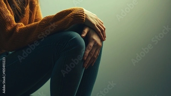 Fototapeta Person Sitting with Lower Back Pain, Rubbing Their Back in a Simple and Light-Toned Environment