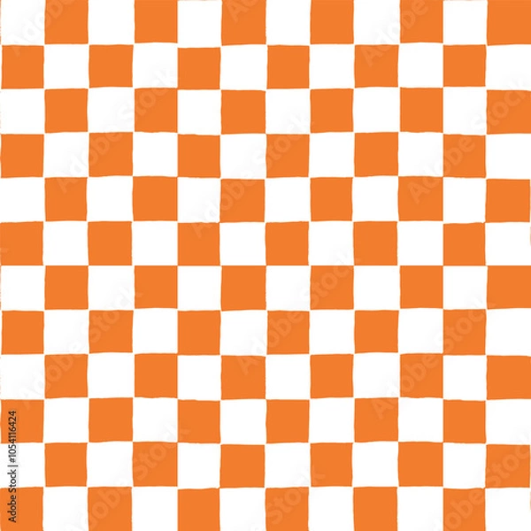 Obraz Seamless vector repeating pattern with small ditsy hand drawn checkerboard in orange and white. Halloween, harvest, fall, autumn checker background for packaging, paper, fabric, wallpaper.