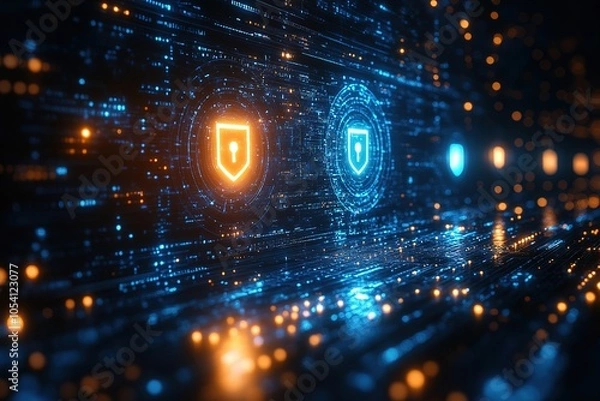Fototapeta Abstract digital security background with glowing shields and keyhole symbols.