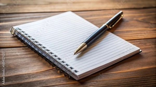 Fototapeta A blank lined notebook with a black and gold pen rests on a rustic wooden surface, waiting for inspiration to strike.