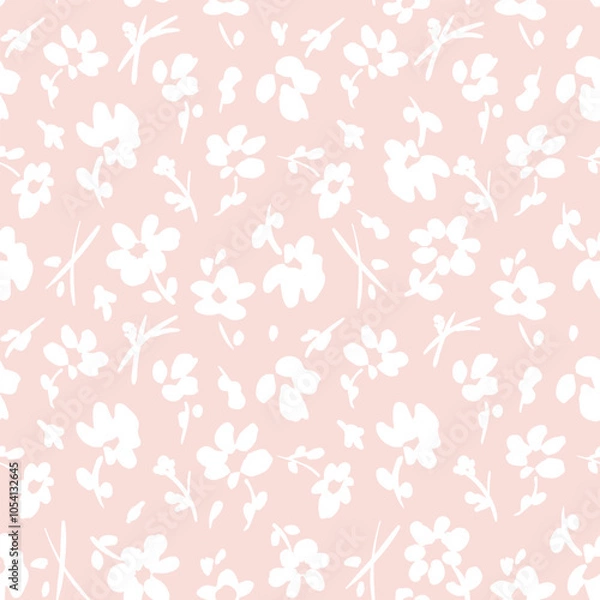 Obraz All over vector seamless repeat pattern with ditsy tossed white flowers on light soft pink blush background. Simple and versatile retro cottage everyday ditsy floral backdrop. Shabby chic floral.