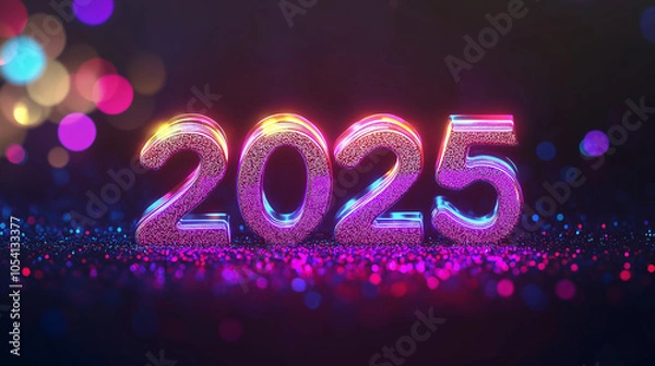 Fototapeta 3D text "2025" glowing with a colorful light effect on a dark background, with glitter and bokeh effects. A New Year celebration concept design vector illustration. a colored cartoon style vector