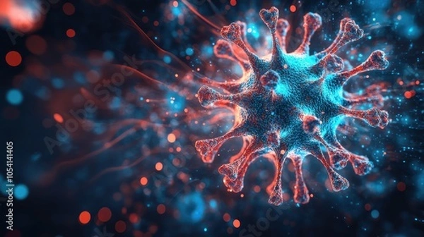 Fototapeta A 3D illustration of a virus with glowing blue and red colors and a blurred background.