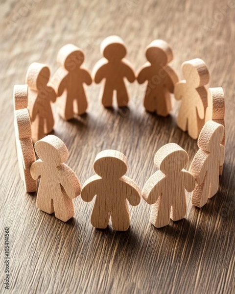 Fototapeta A circle of wooden figures symbolizes unity and collaboration, set against a wooden background.