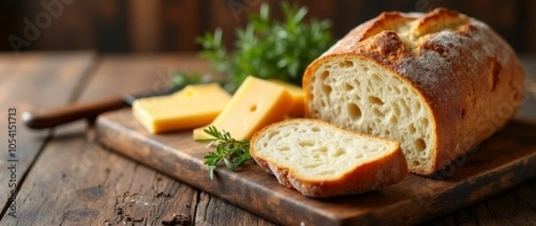 Fototapeta Bread and cheese on a rustic wooden board