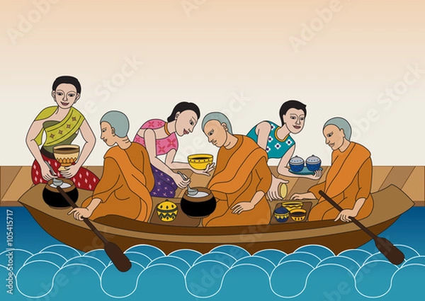 Fototapeta Thai traditional Illustration give alms to a Buddhist monk