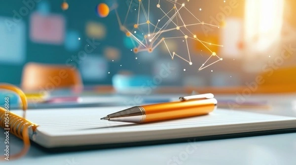 Fototapeta A ballpoint pen gliding across a notebook during a classroom lecture.