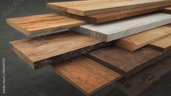 Obraz Stack of wood laminate and particleboard samples with various textures and finishes. Material selection concept for furniture and interior design.