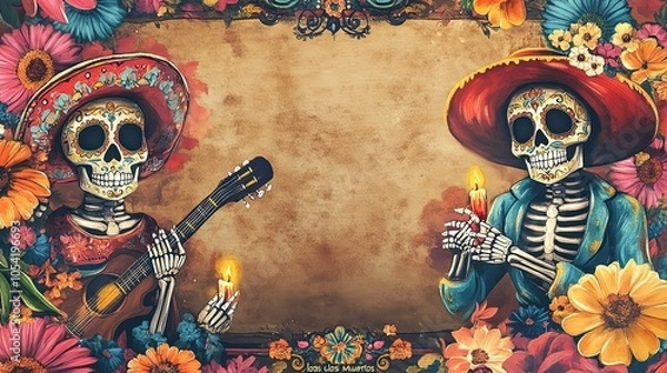 Fototapeta Day of the Dead theme Di­a de los Muertos banner mockup with empty space for text ,colorful skull mask, Mexican retro hand-painted style, Generative Ai 