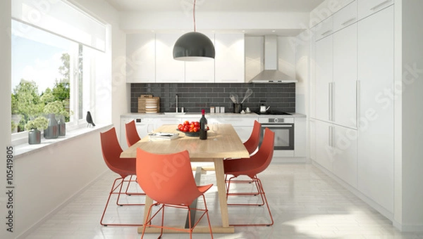 Obraz 3D rendering of a modern light colored kitchen