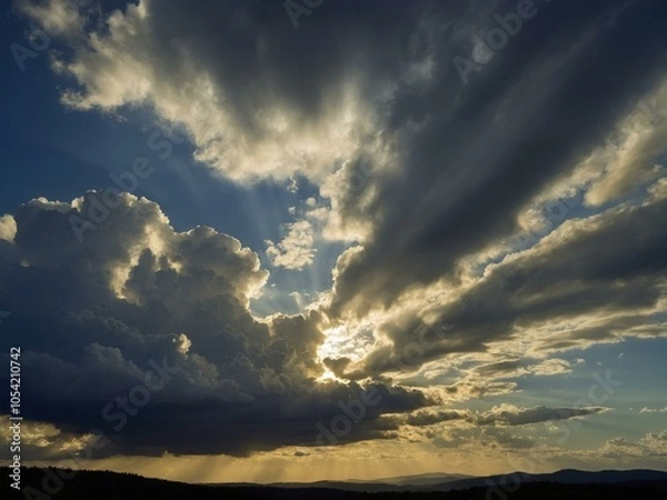 Obraz Dramatic Sunset Sky with Golden Rays and Storm Clouds