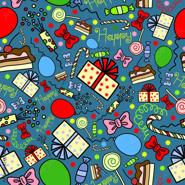 Fototapeta Бесшовный узор с подарками, конфетами, бантами, шариками, хлопушками