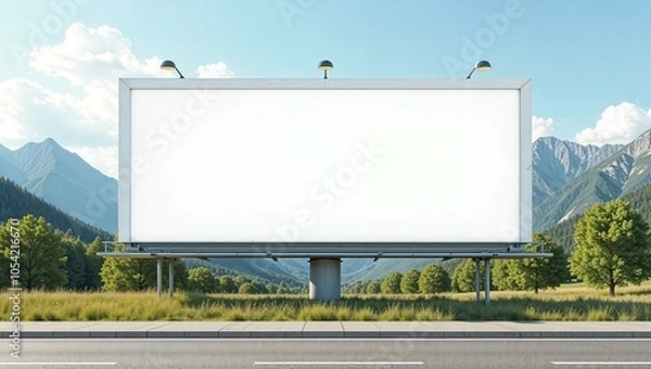 Obraz White billboard near the road with mountain view, clean and minimalist design, large and empty, ready for custom text or graphics. horizontal advertisement mockup, summer