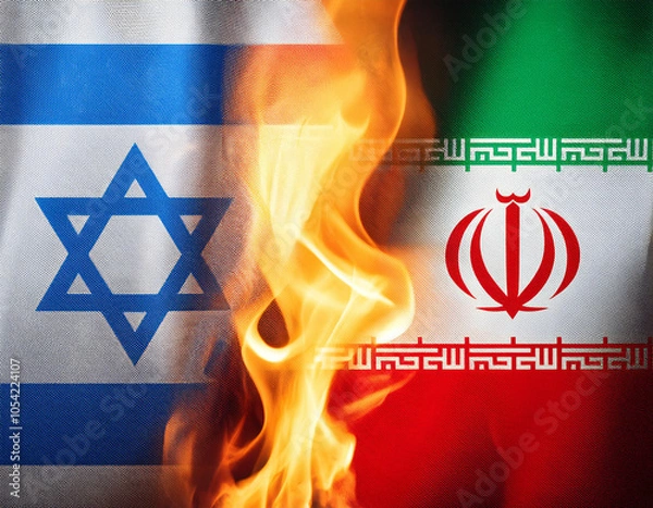 Obraz Israel vs Iran flags with flames between. Conflict, war