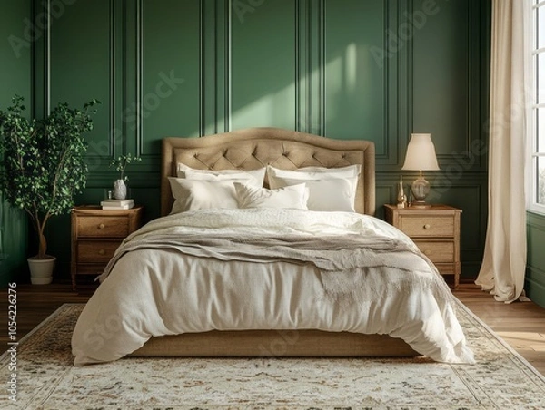 Fototapeta Emerald green walls with soft lighting, brown bed, and neutral rug