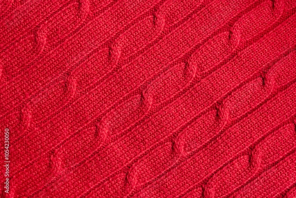 Fototapeta Red sweater texture as winter background. Selective focus, copy space