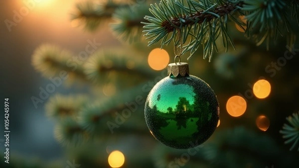 Fototapeta Vintage and minimalist Christmas ornaments. A shiny green ornament hangs on a fir tree, reflecting a cozy winter scene. Soft, warm lights create a festive and tranquil ambiance in the background.