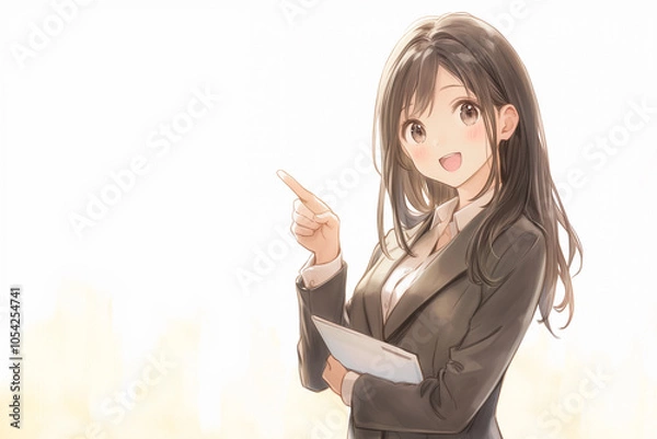 Obraz 会社の概要を指差ししながらプレゼンしている女の子
