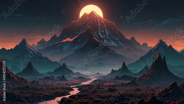 Fototapeta Futuristic alien landscape with towering mountains in 2D style.
