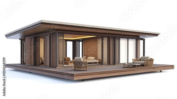 Fototapeta Japanese Zen-Inspired Minimalist House - A Zen-style house isolated on white, featuring a simple layout, wooden elements, and neutral tones, inspired by Japanese aesthetics. 