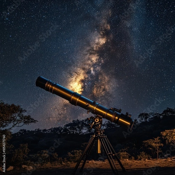 Fototapeta telescope aimed at the stars with a night sky background