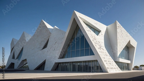 Fototapeta Futuristic Architecture with Geometric Triangular Panels Against Clear Sky