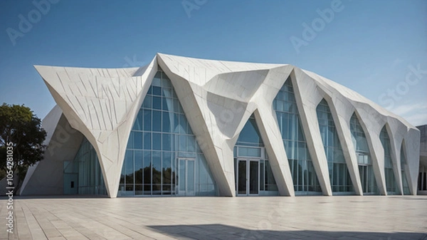 Fototapeta Futuristic Architecture with Geometric Triangular Panels Against Clear Sky