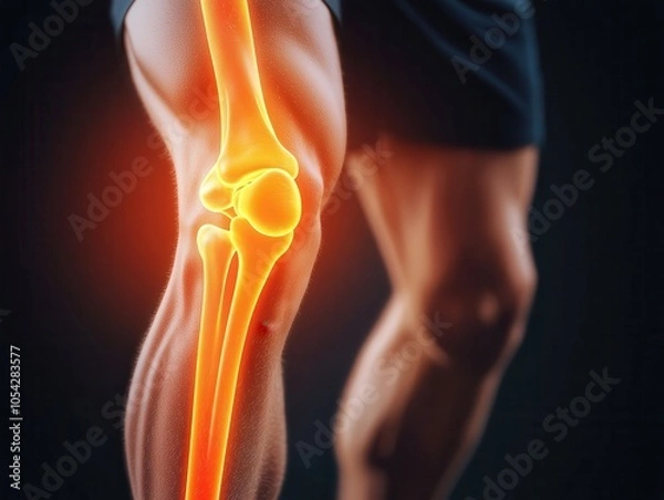 Fototapeta A dynamic image of a knee joint, highlighted with glowing anatomy, showcasing muscles and structures, emphasizing health and fitness.
