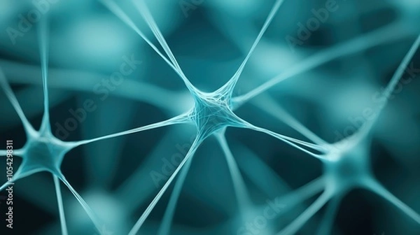 Fototapeta Close up of a blue and green brain with many strands of nerve cells. Concept of complexity and interconnectedness, as the nerve cells are intricately woven together