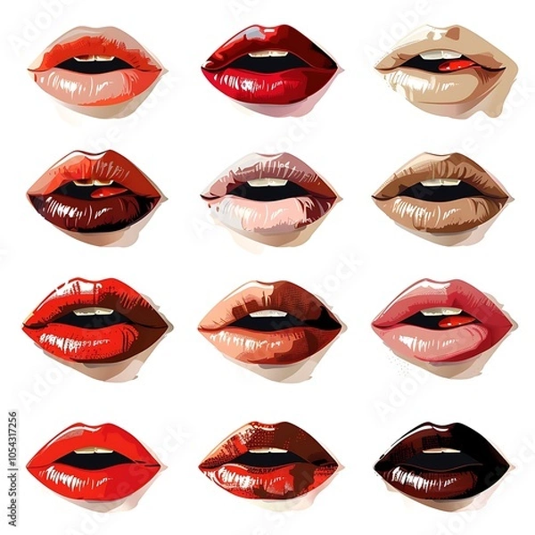 Fototapeta Red lips illustration on white background with lipstick and smile elements
