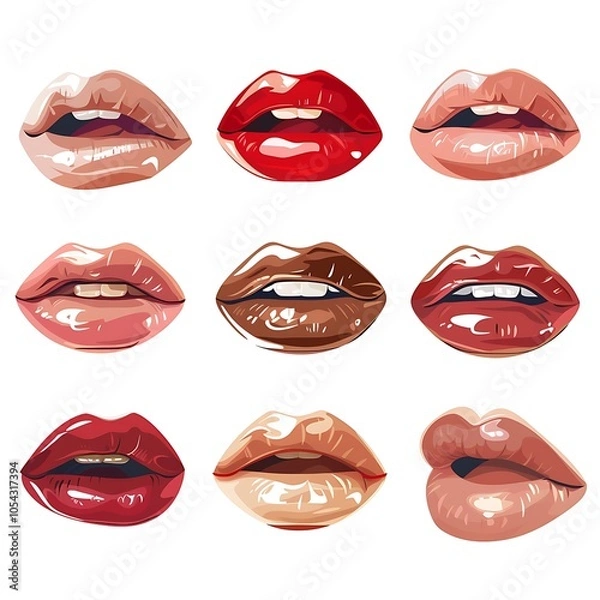 Fototapeta Red lips illustration on white background with lipstick and smile elements