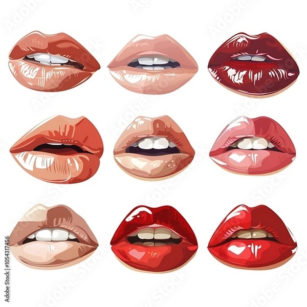 Fototapeta Red lips illustration on white background with lipstick and smile elements