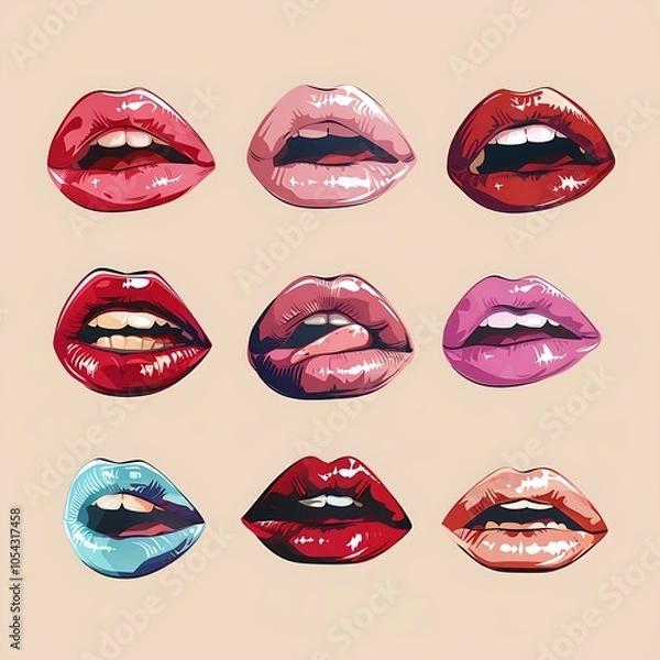 Fototapeta Red lips illustration on white background with lipstick and smile elements