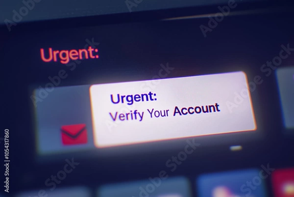 Fototapeta Close-up of a digital inbox filled with urgent-looking notification emails, highlighting words like Verify Account and Urgent. phishing attempts