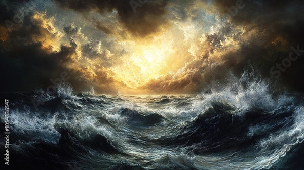 Fototapeta The Bible, the Book of Genesis, God created the world. And the earth was without form, and void; and darkness was on the face of the deep. And the Spirit of God moved on the face of the waters.