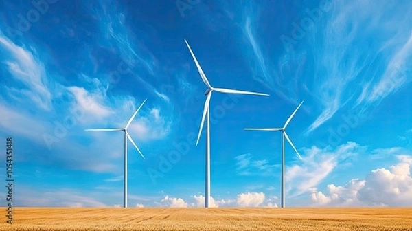 Fototapeta Three wind turbines stand tall against a vibrant blue sky, symbolizing renewable energy and sustainable future.