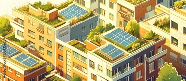 Fototapeta Isometric view of a city with rooftop solar panels and green spaces.