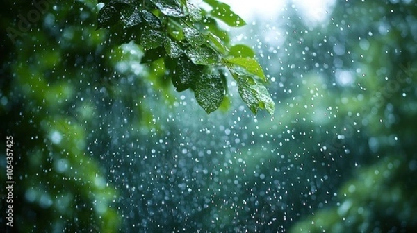 Fototapeta Soft rain falls on leaves, creating a soothing ambiance in the green wilderness