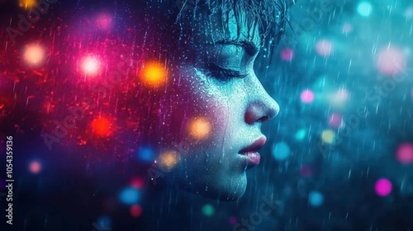 Fototapeta A face drenched in rain, illuminated by city lights, expressing melancholy in an urban setting, Cyberpunk, Neon lighting, Dark hues, Realistic textures
