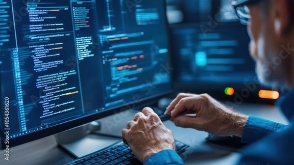 Obraz A focused programmer types on a keyboard, analyzing lines of intricate code displayed on multiple monitors in a dimly lit office at night