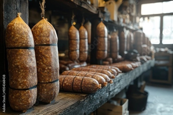 Fototapeta Rustic Artisanal Sausage Display in Traditional Curing Room with Wooden Shelves