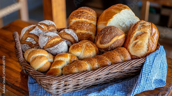 Obraz Freshly Baked Bread Assortment in Wicker Basket