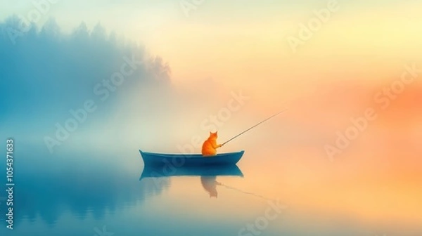 Obraz A cat fishing peacefully on a serene lake at dawn amidst soft mist and colorful reflections in the water
