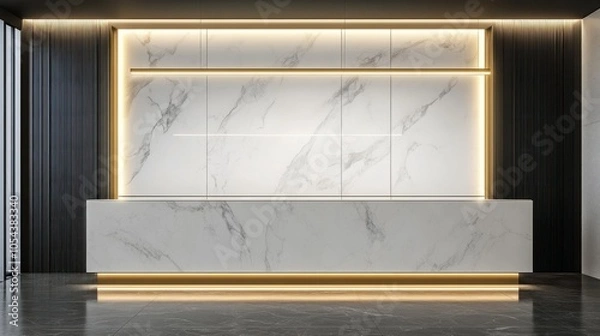 Fototapeta A stylish reception area showcases a sleek marble counter illuminated by soft lighting, creating an inviting atmosphere in a contemporary office environment