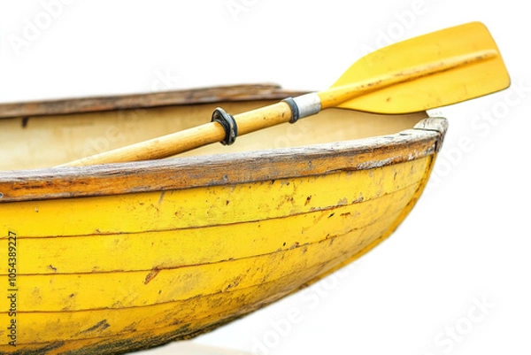 Fototapeta A weathered yellow boat with visible texture and a wooden oar laying across it, set against a clean white backdrop, evokes a rustic, nautical feel.