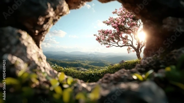 Obraz A lone blossoming tree graces the landscape beyond a rocky opening, symbolizing solitude and peace against the backdrop of a gentle mountain range under the sun.