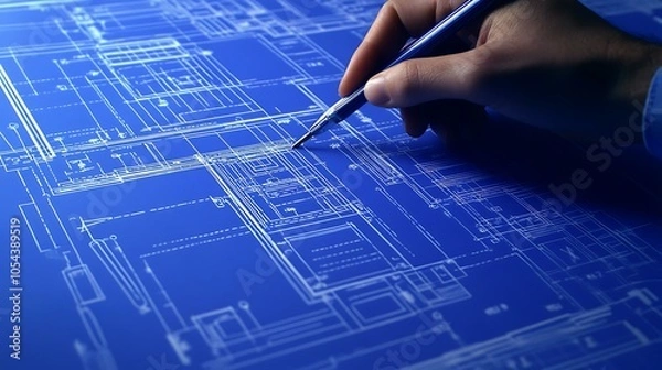 Obraz Engineerâ€™s hand interacting with a virtual growth chart on a blueprint background